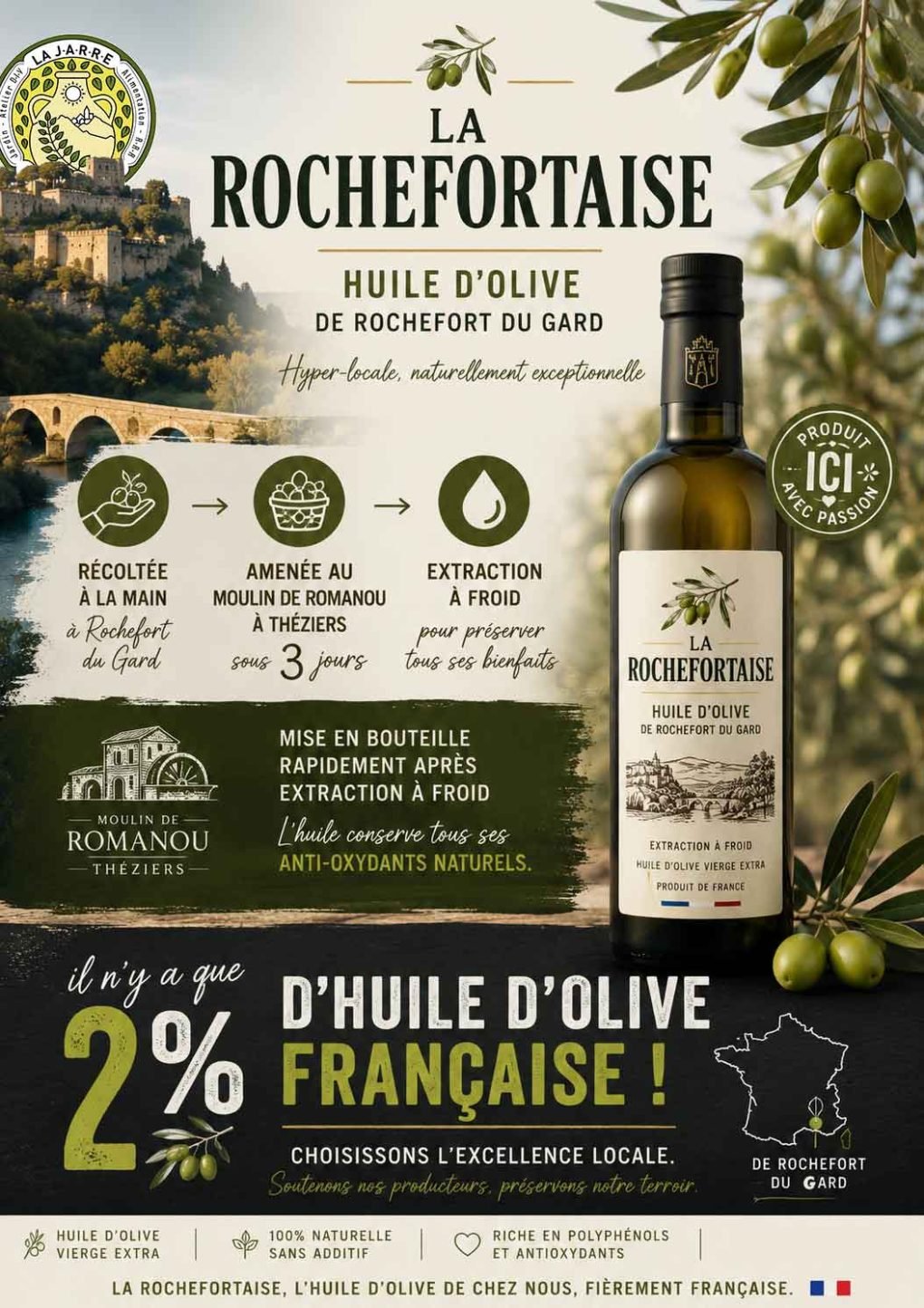 huile d'olive de Rochefort du Gard produite par l'association la JARRE Écocitoyenne